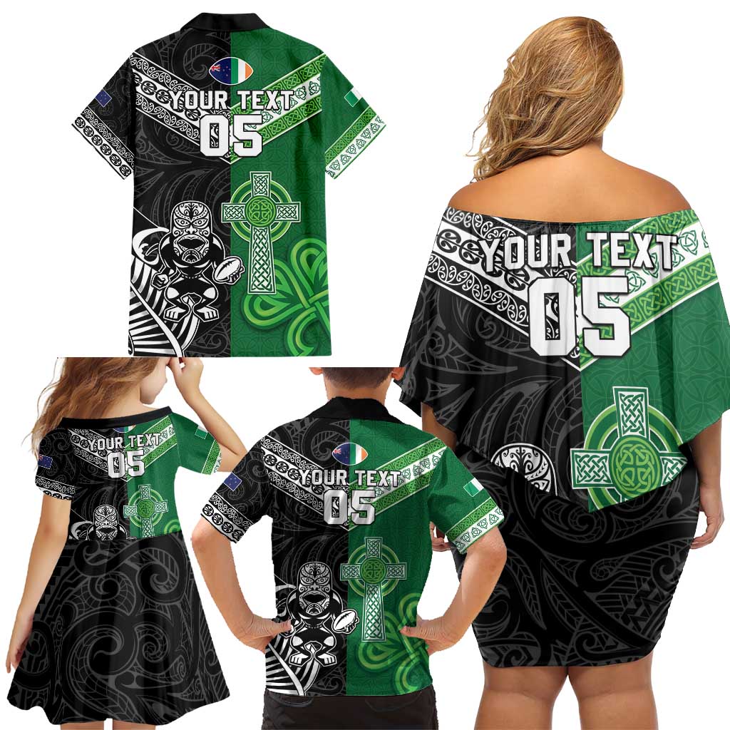 New Zealand And Ireland Rugby Custom Family Matching Off Shoulder Short Dress and Hawaiian Shirt Maori Tiki With Shamrock LT05 - Polynesian Pride