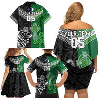 New Zealand And Ireland Rugby Custom Family Matching Off Shoulder Short Dress and Hawaiian Shirt Maori Tiki With Shamrock LT05 - Polynesian Pride