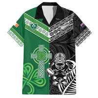 New Zealand And Ireland Rugby Custom Family Matching Off Shoulder Short Dress and Hawaiian Shirt Maori Tiki With Shamrock LT05 Dad's Shirt - Short Sleeve Black - Polynesian Pride