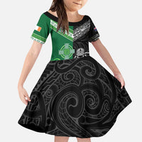 New Zealand And Ireland Rugby Custom Family Matching Puletasi and Hawaiian Shirt Maori Tiki With Shamrock LT05 Daughter's Dress Black - Polynesian Pride