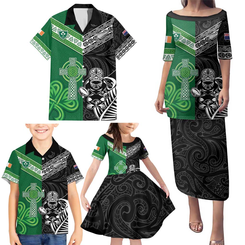 New Zealand And Ireland Rugby Custom Family Matching Puletasi and Hawaiian Shirt Maori Tiki With Shamrock LT05 - Polynesian Pride