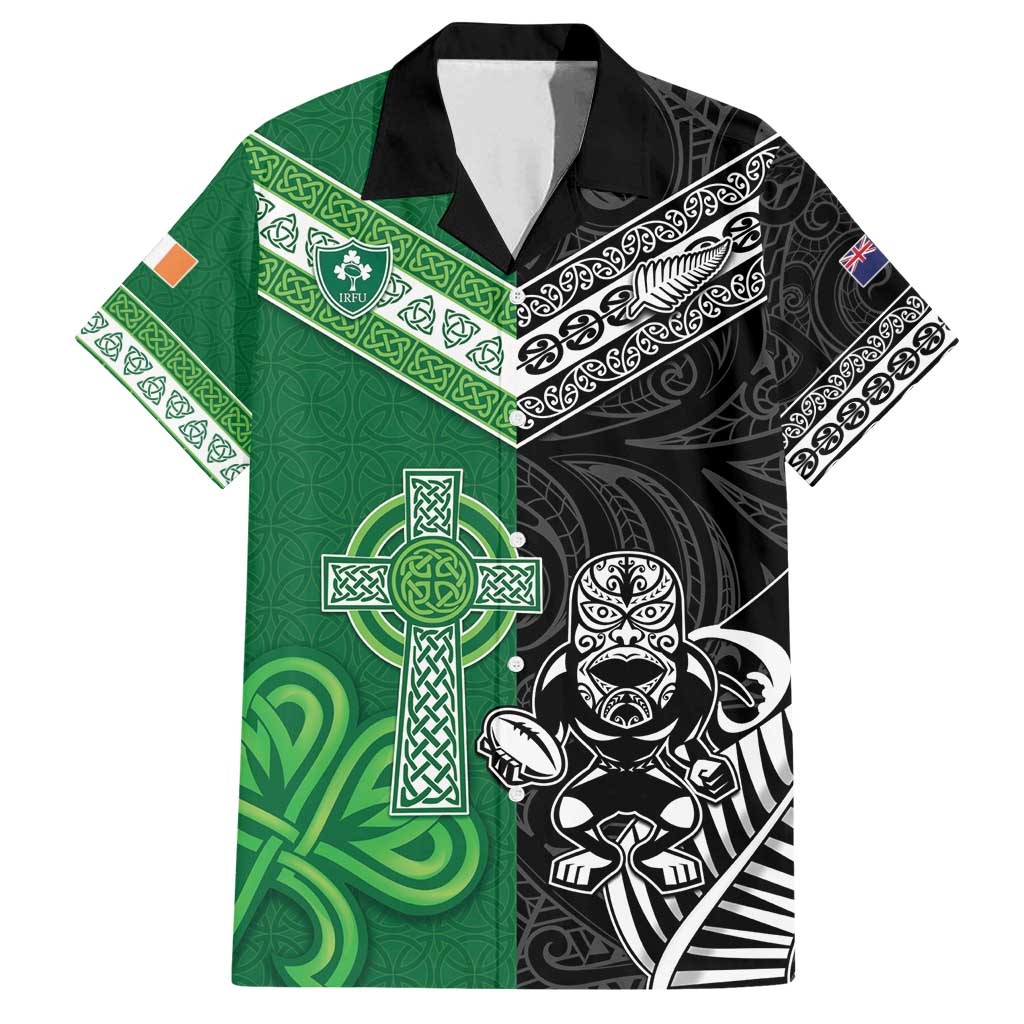 New Zealand And Ireland Rugby Custom Family Matching Puletasi and Hawaiian Shirt Maori Tiki With Shamrock LT05 Dad's Shirt - Short Sleeve Black - Polynesian Pride