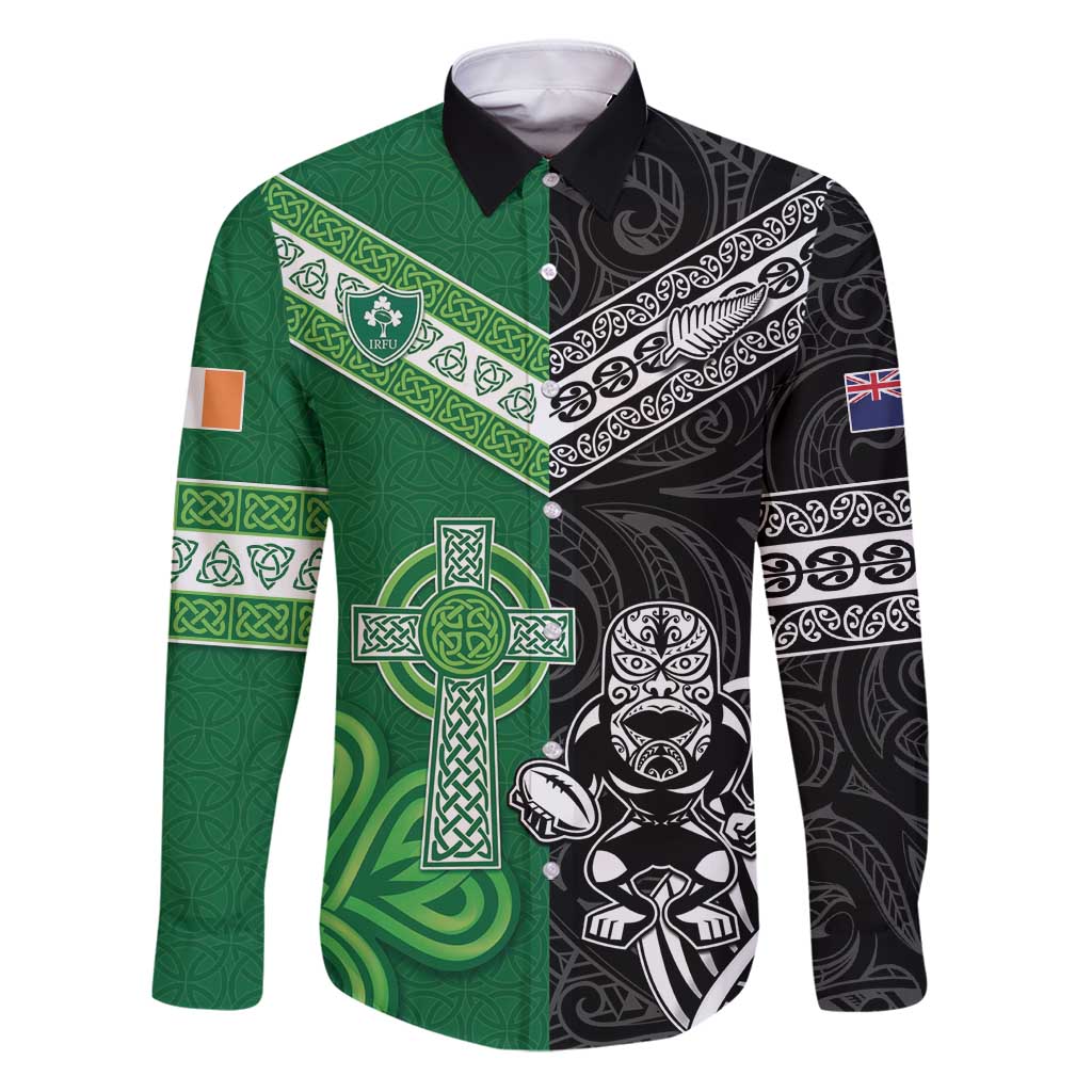 New Zealand And Ireland Rugby Custom Family Matching Puletasi and Hawaiian Shirt Maori Tiki With Shamrock LT05 Dad's Shirt - Long Sleeve Black - Polynesian Pride