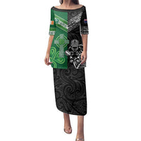 New Zealand And Ireland Rugby Custom Family Matching Puletasi and Hawaiian Shirt Maori Tiki With Shamrock LT05 Mom's Dress Black - Polynesian Pride