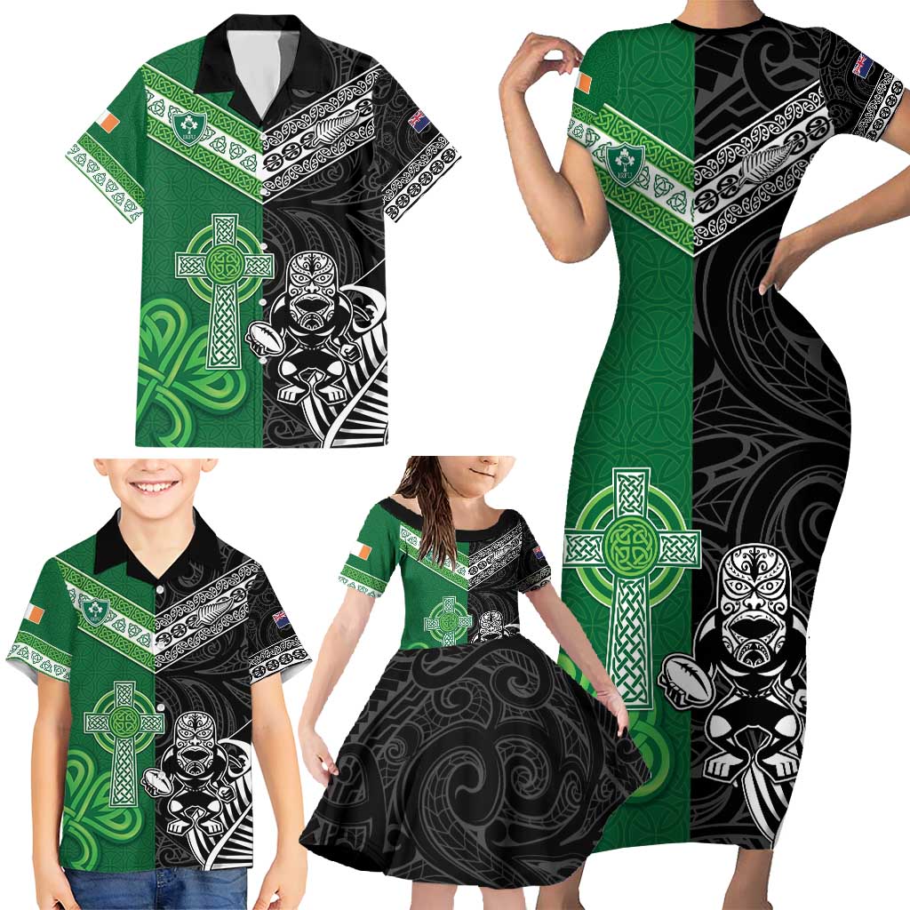 New Zealand And Ireland Rugby Custom Family Matching Short Sleeve Bodycon Dress and Hawaiian Shirt Maori Tiki With Shamrock LT05 - Polynesian Pride