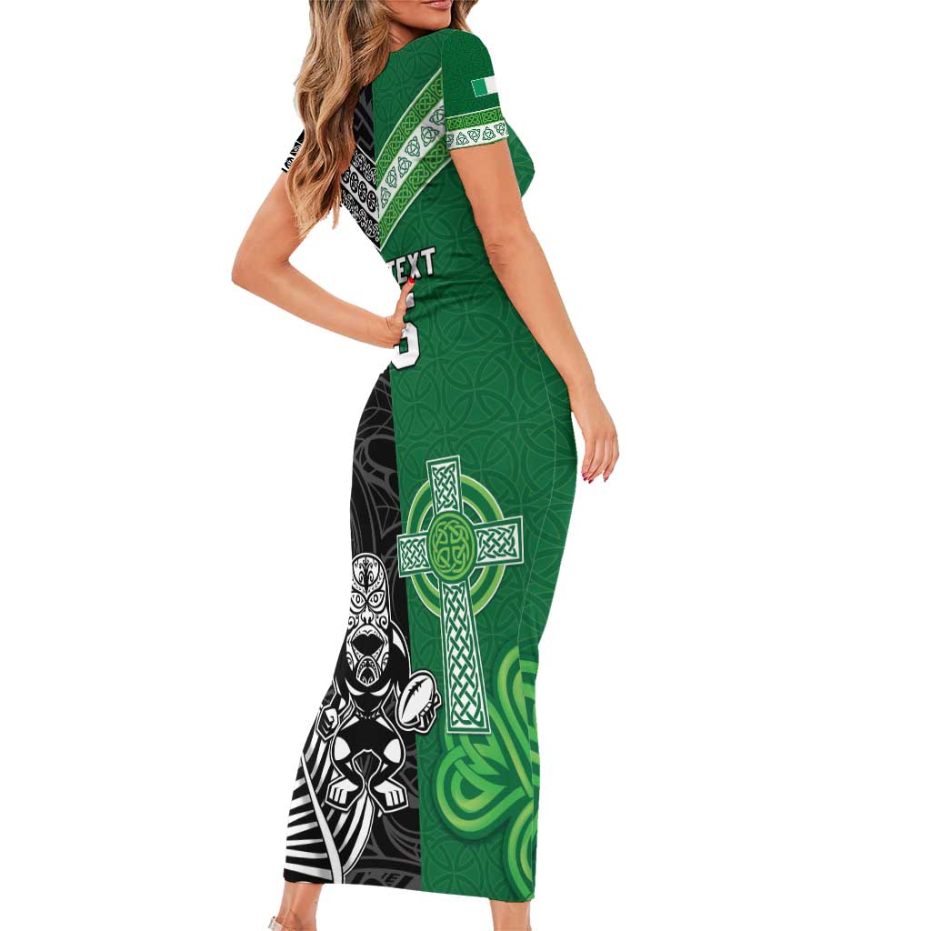 New Zealand And Ireland Rugby Custom Family Matching Short Sleeve Bodycon Dress and Hawaiian Shirt Maori Tiki With Shamrock LT05 - Polynesian Pride