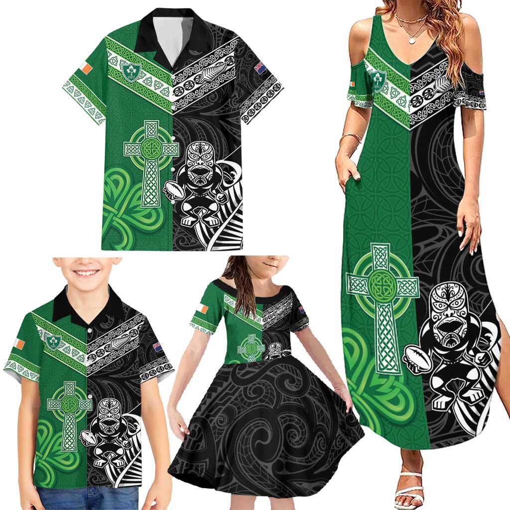 New Zealand And Ireland Rugby Custom Family Matching Summer Maxi Dress and Hawaiian Shirt Maori Tiki With Shamrock LT05 - Polynesian Pride