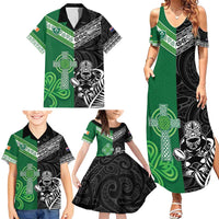 New Zealand And Ireland Rugby Custom Family Matching Summer Maxi Dress and Hawaiian Shirt Maori Tiki With Shamrock LT05 - Polynesian Pride