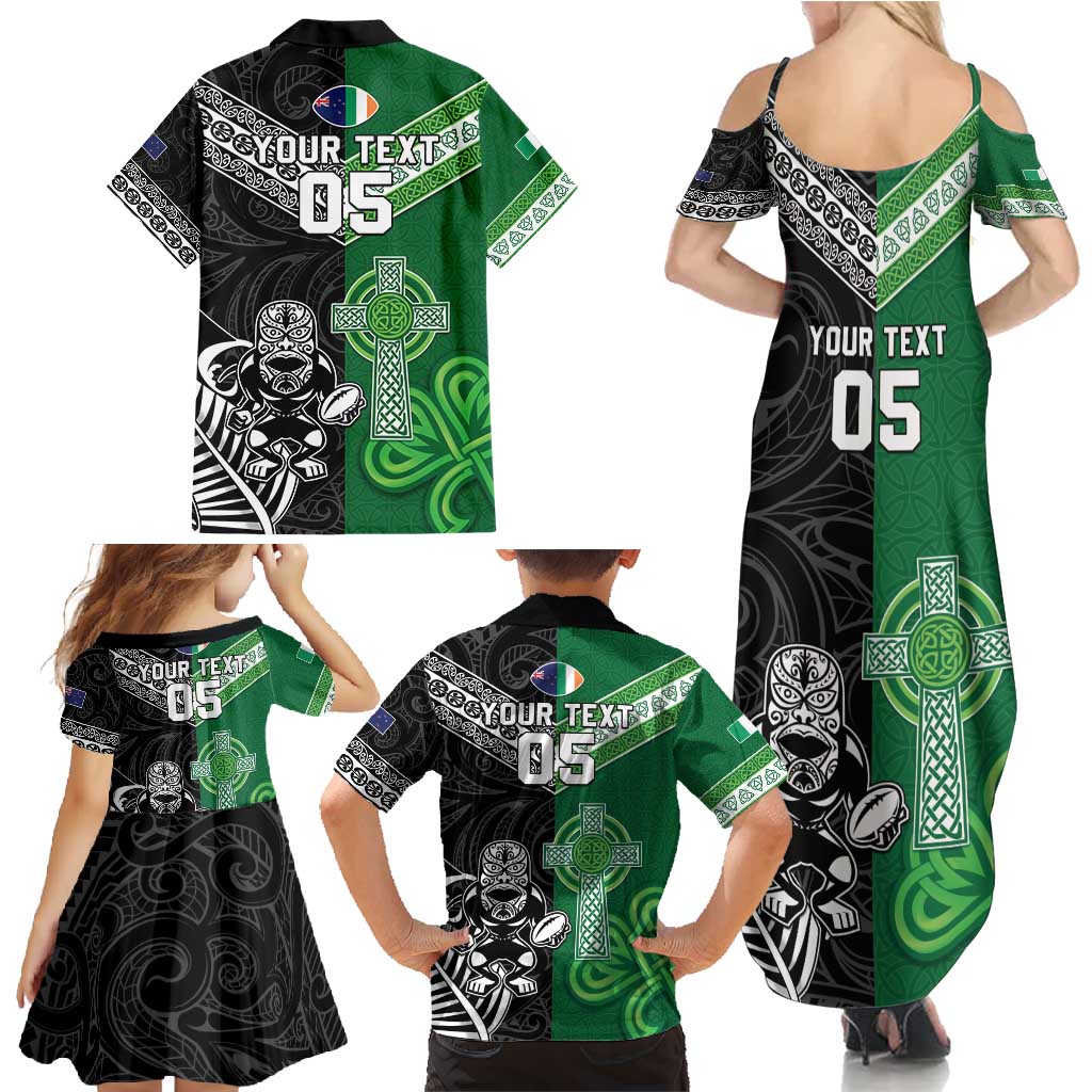 New Zealand And Ireland Rugby Custom Family Matching Summer Maxi Dress and Hawaiian Shirt Maori Tiki With Shamrock LT05 - Polynesian Pride