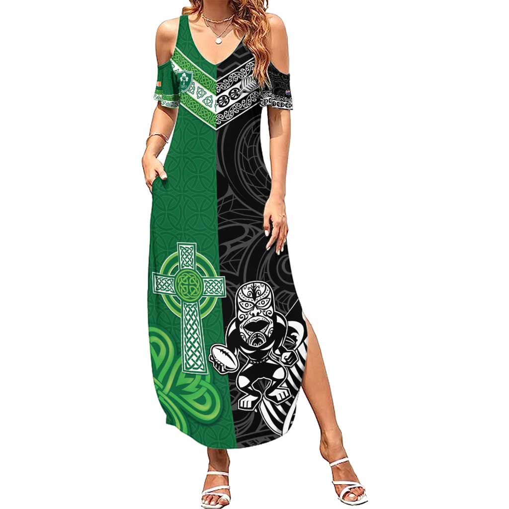 New Zealand And Ireland Rugby Custom Family Matching Summer Maxi Dress and Hawaiian Shirt Maori Tiki With Shamrock LT05 Mom's Dress Black - Polynesian Pride