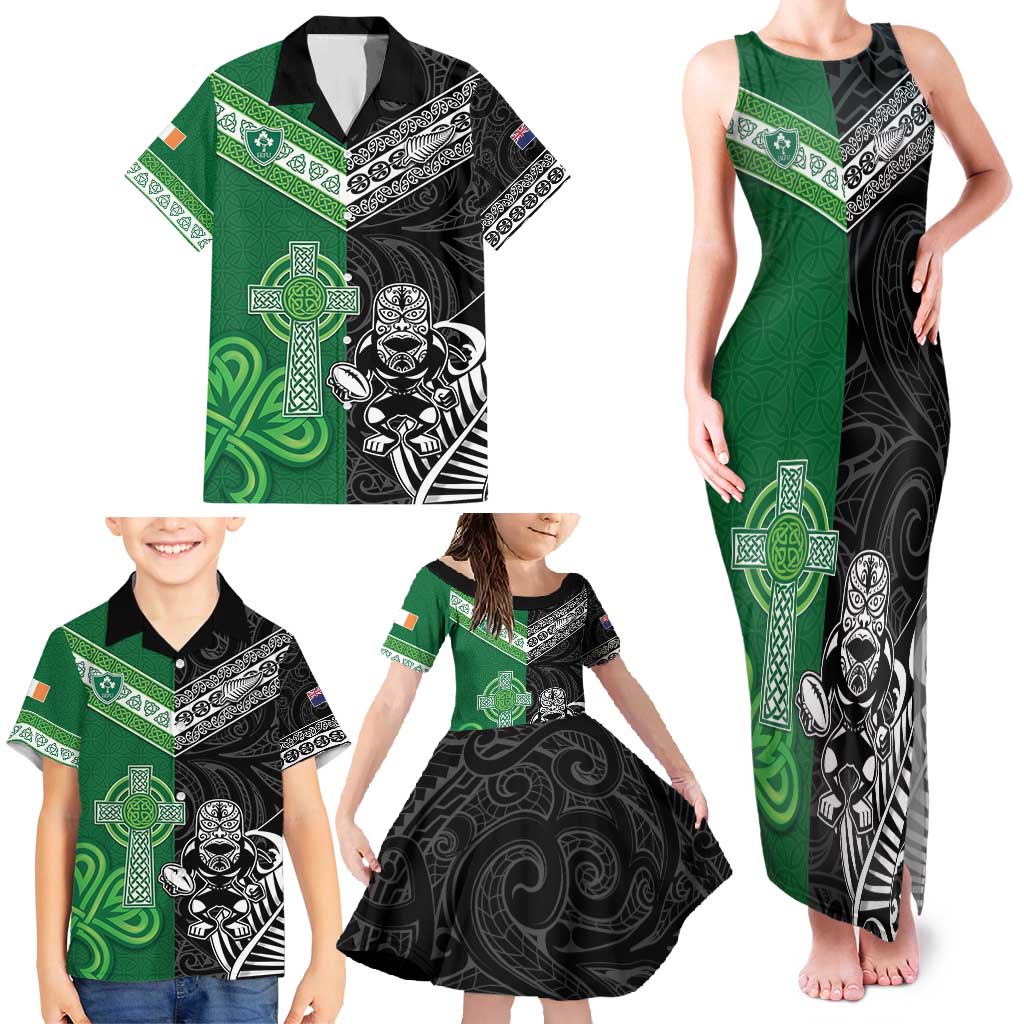 New Zealand And Ireland Rugby Custom Family Matching Tank Maxi Dress and Hawaiian Shirt Maori Tiki With Shamrock LT05 - Polynesian Pride