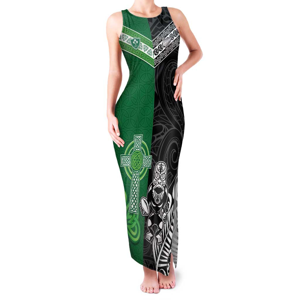 New Zealand And Ireland Rugby Custom Family Matching Tank Maxi Dress and Hawaiian Shirt Maori Tiki With Shamrock LT05 Mom's Dress Black - Polynesian Pride