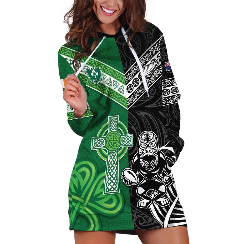New Zealand And Ireland Rugby Custom Hoodie Dress Maori Tiki With Shamrock