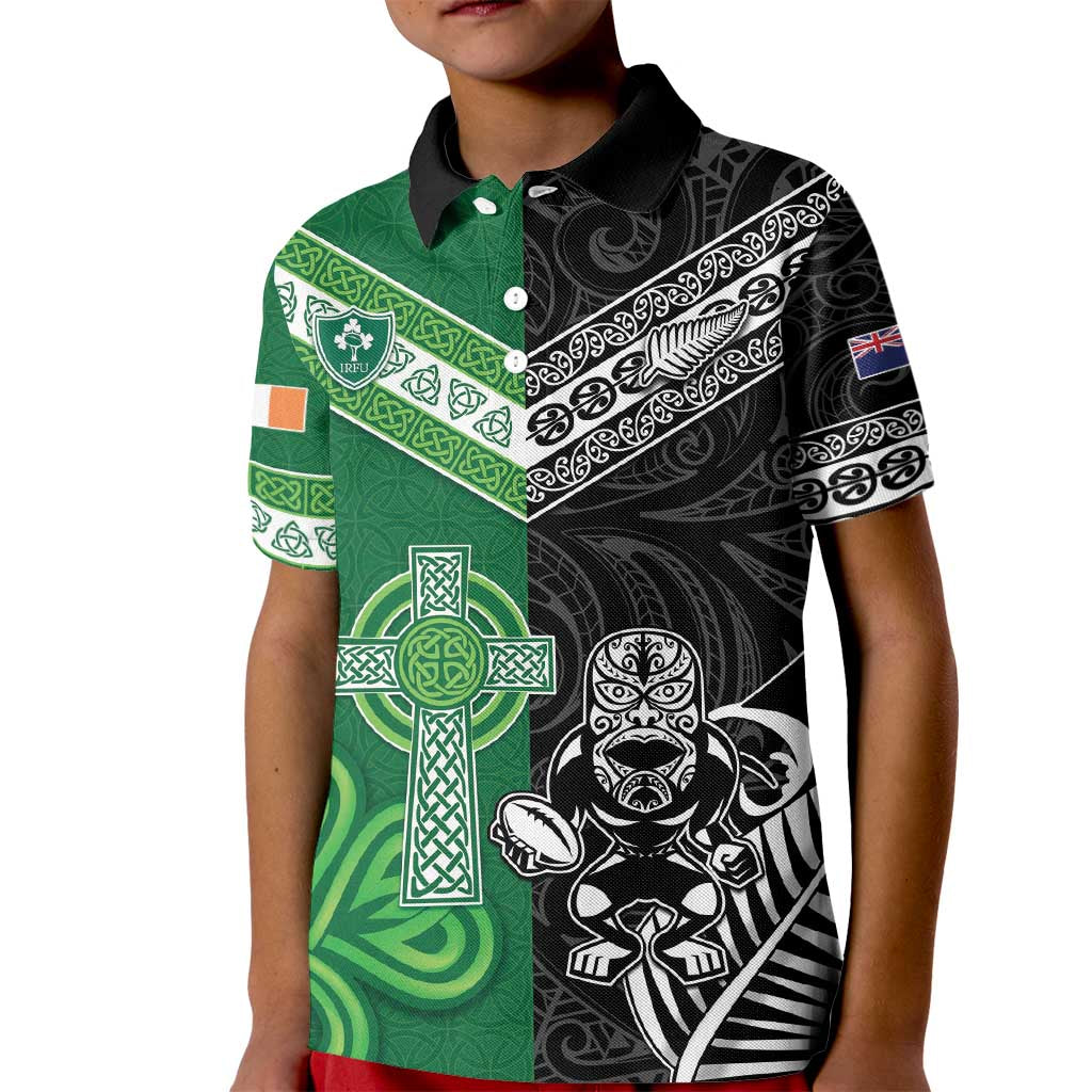 New Zealand And Ireland Rugby Custom Kid Polo Shirt Maori Tiki With Shamrock LT05 Kid Black - Polynesian Pride