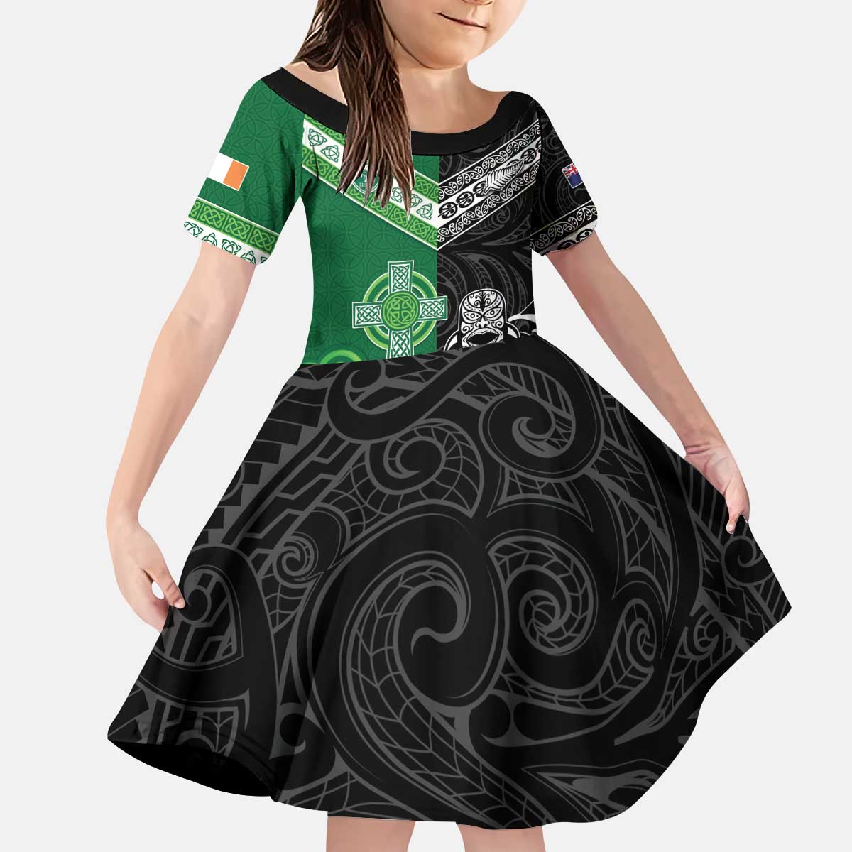 New Zealand And Ireland Rugby Custom Kid Short Sleeve Dress Maori Tiki With Shamrock