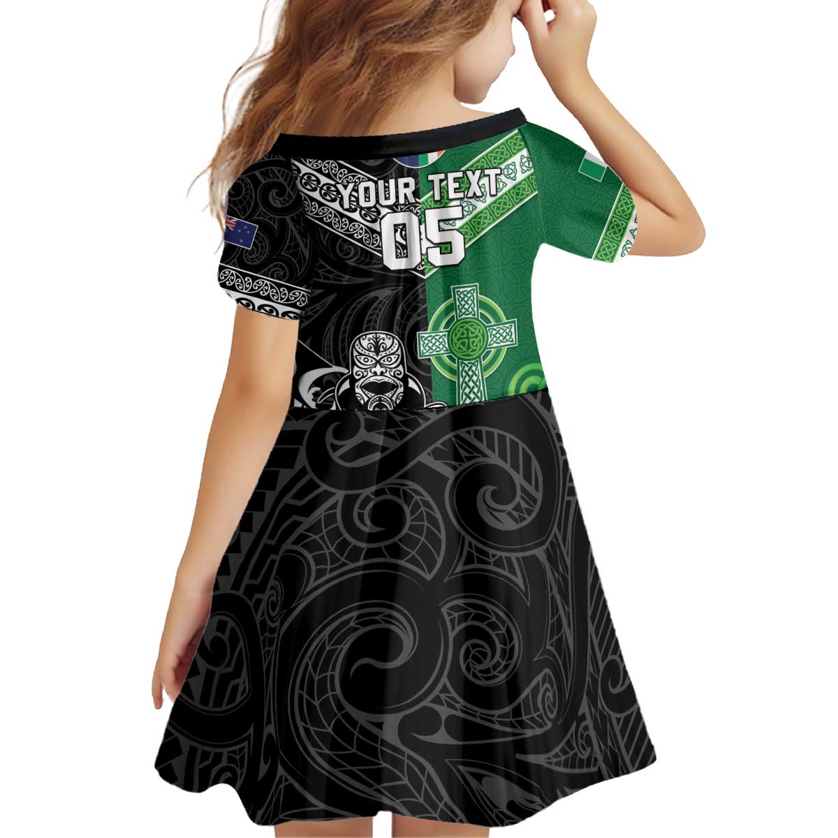 New Zealand And Ireland Rugby Custom Kid Short Sleeve Dress Maori Tiki With Shamrock LT05 - Polynesian Pride