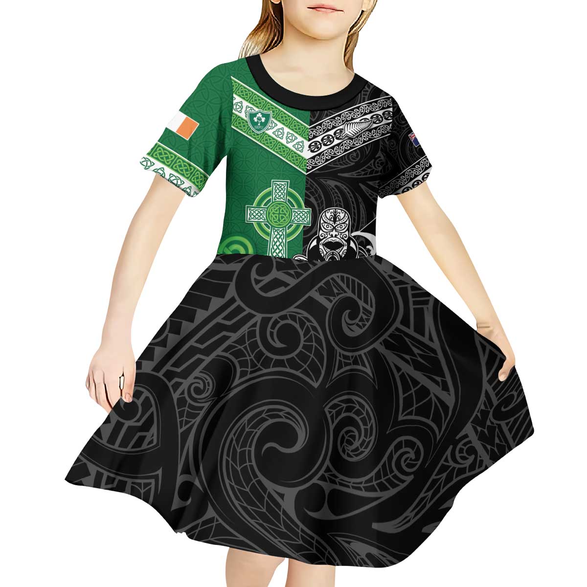 New Zealand And Ireland Rugby Custom Kid Short Sleeve Dress Maori Tiki With Shamrock LT05 - Polynesian Pride