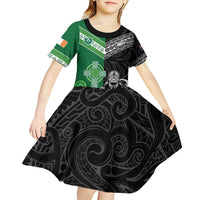 New Zealand And Ireland Rugby Custom Kid Short Sleeve Dress Maori Tiki With Shamrock LT05 - Polynesian Pride