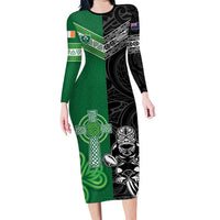 New Zealand And Ireland Rugby Custom Long Sleeve Bodycon Dress Maori Tiki With Shamrock LT05 Long Dress Black - Polynesian Pride