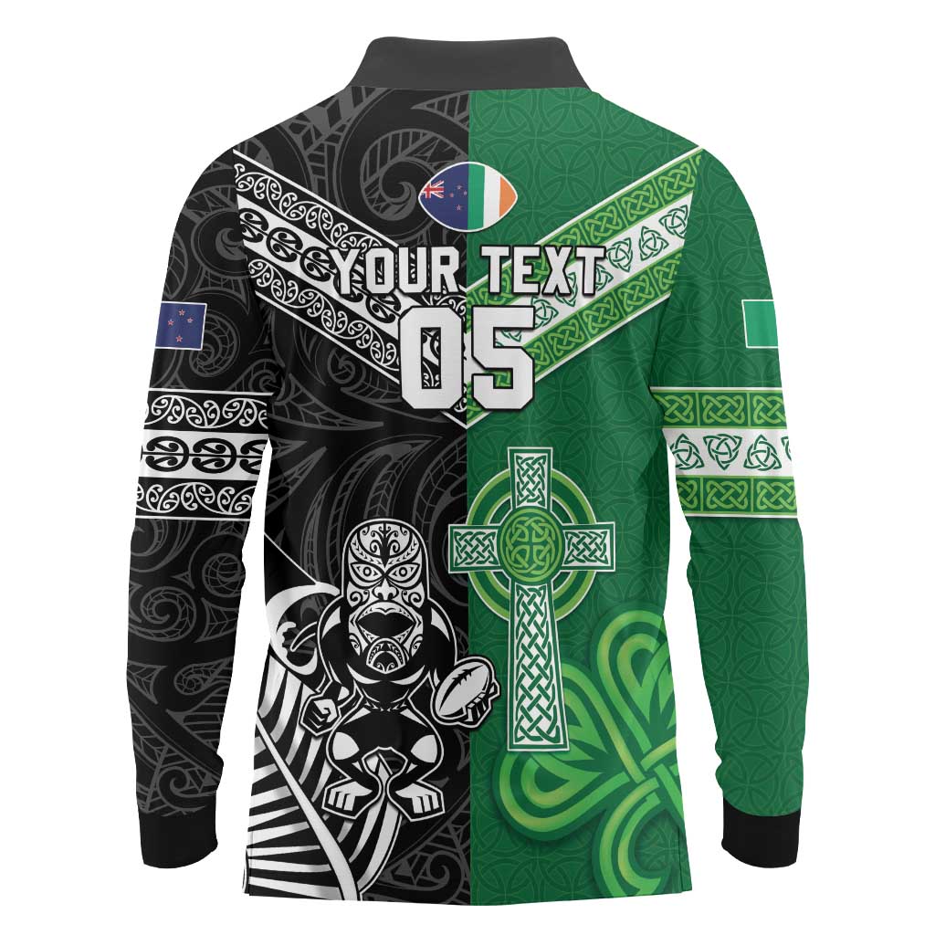 New Zealand And Ireland Rugby Custom Long Sleeve Polo Shirt Maori Tiki With Shamrock
