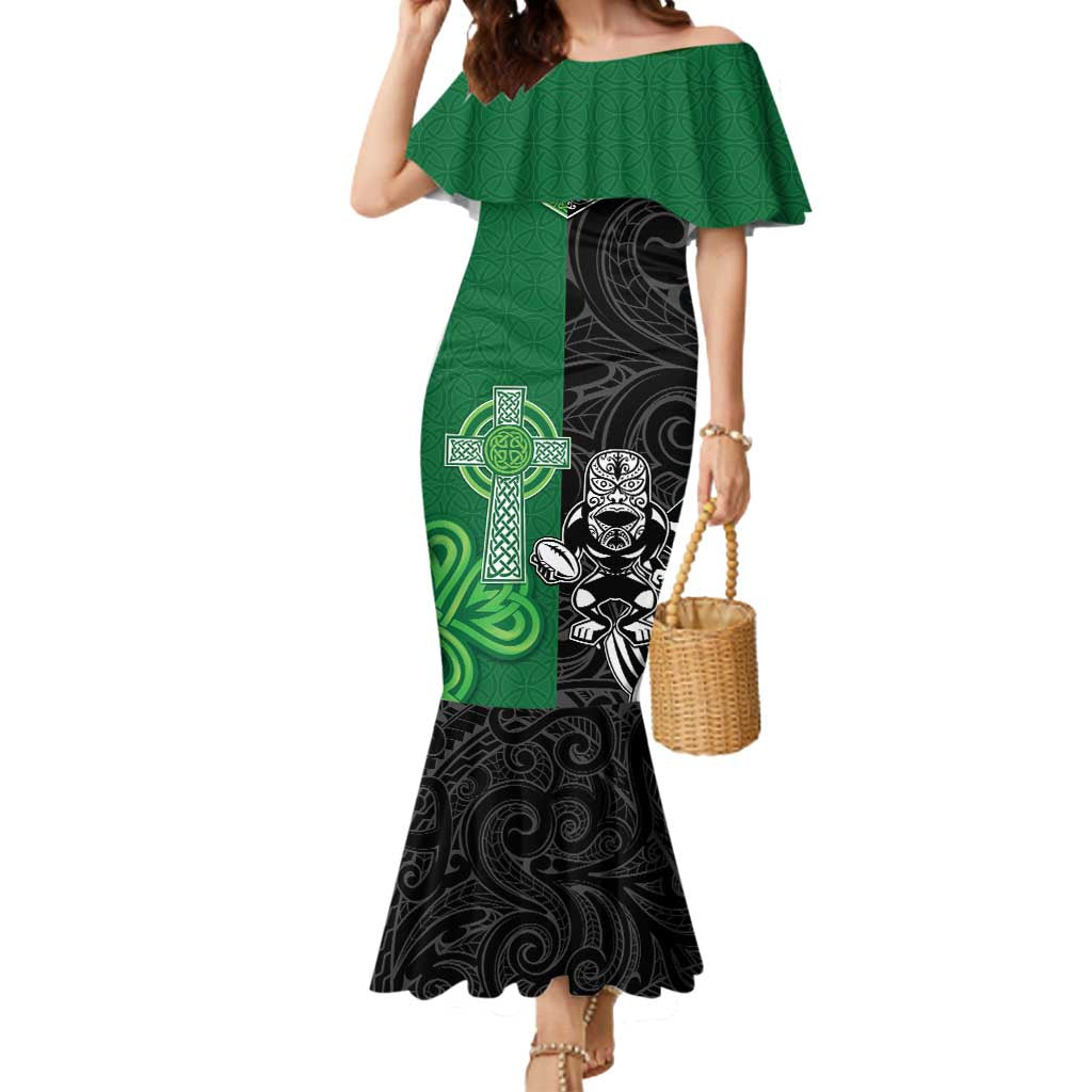 New Zealand And Ireland Rugby Custom Mermaid Dress Maori Tiki With Shamrock