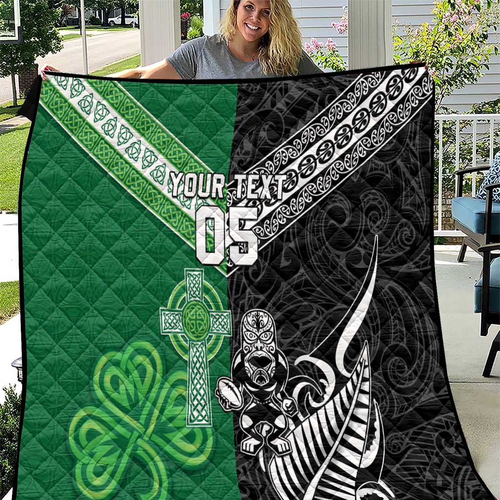 New Zealand And Ireland Rugby Custom Quilt Maori Tiki With Shamrock