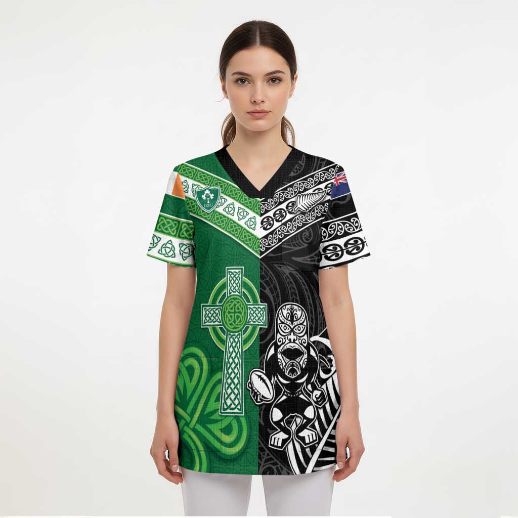 New Zealand And Ireland Rugby Custom Scrub Top Maori Tiki With Shamrock - Polynesian Pride