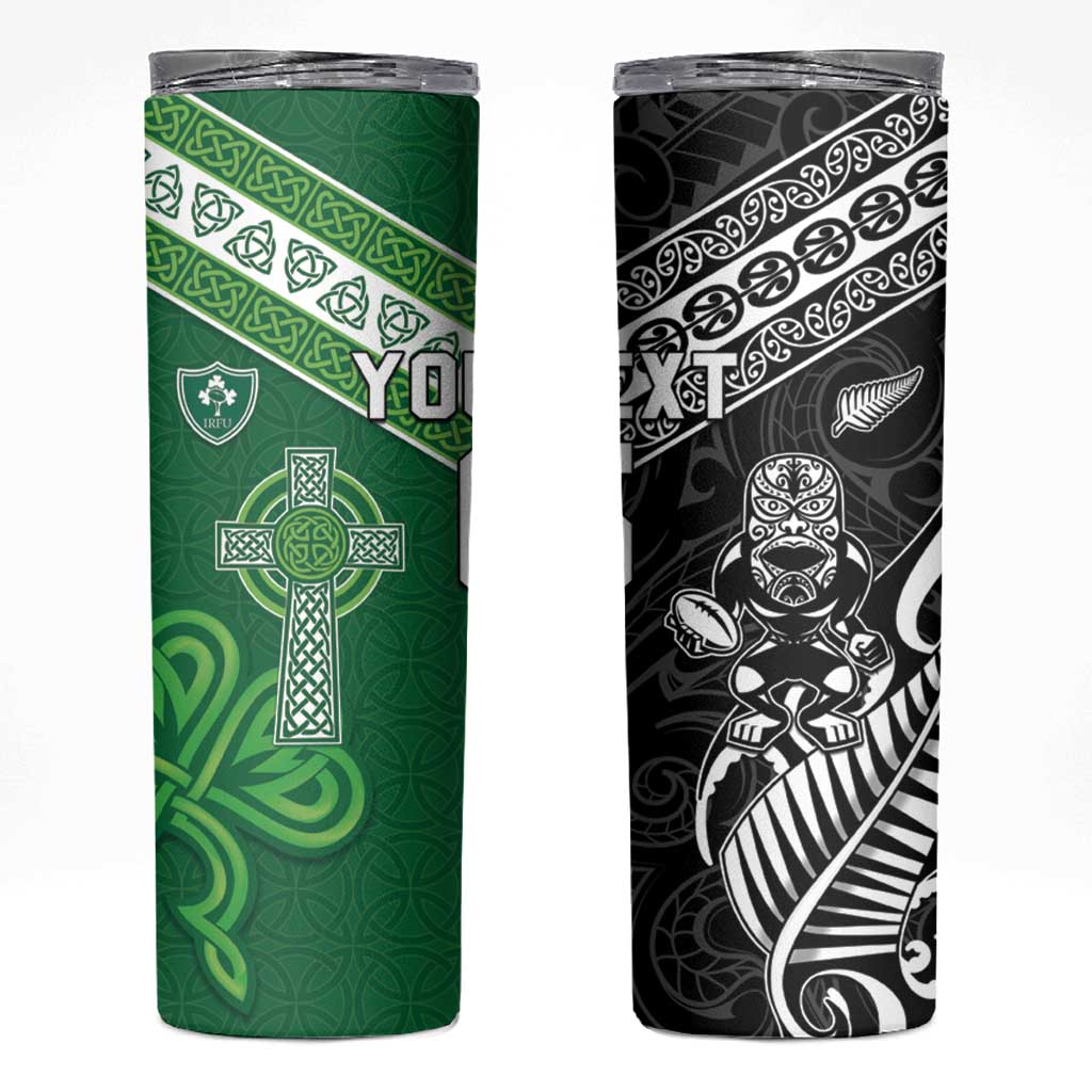 New Zealand And Ireland Rugby Custom Skinny Tumbler Maori Tiki With Shamrock LT05 Black - Polynesian Pride