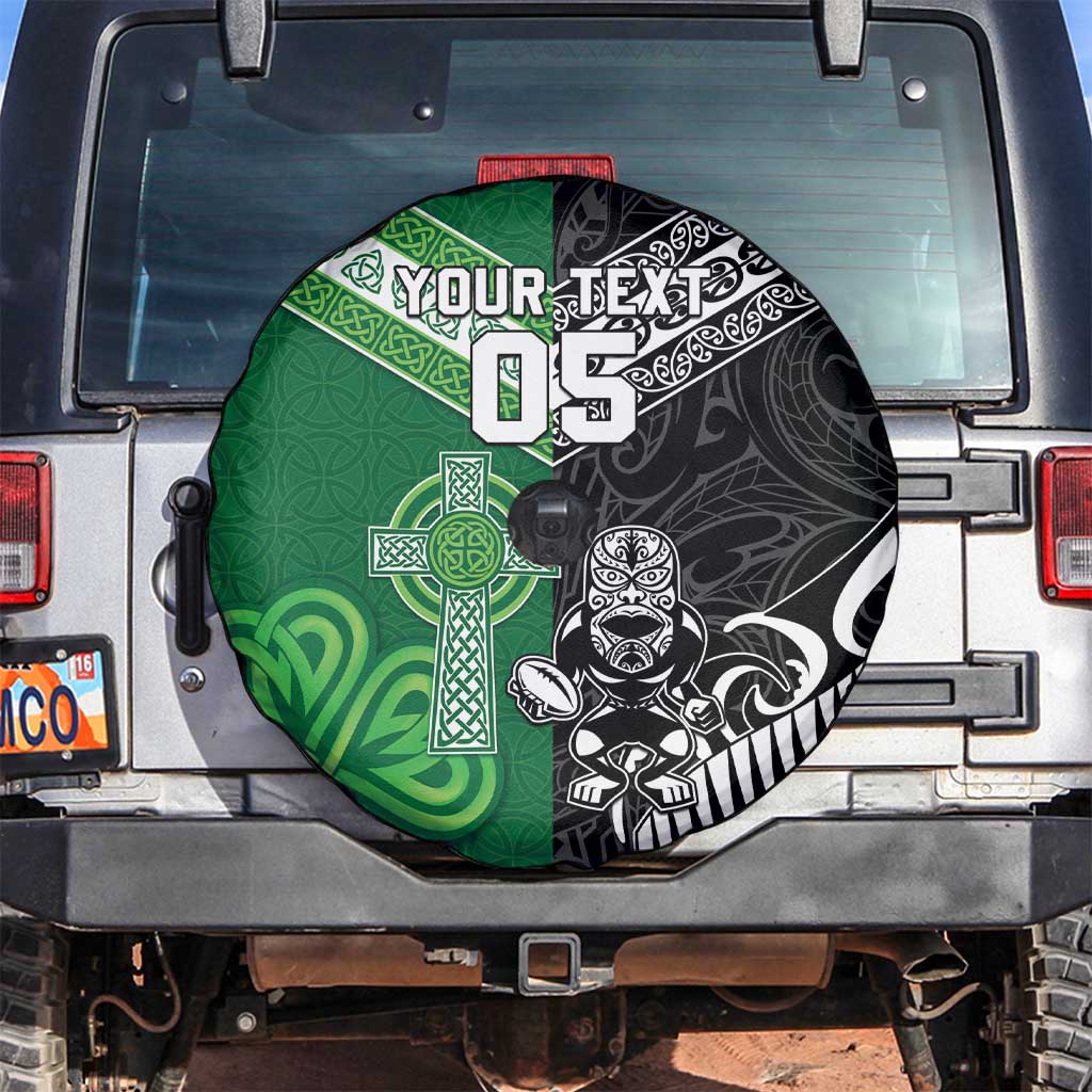 New Zealand And Ireland Rugby Custom Spare Tire Cover Maori Tiki With Shamrock LT05 Black - Polynesian Pride