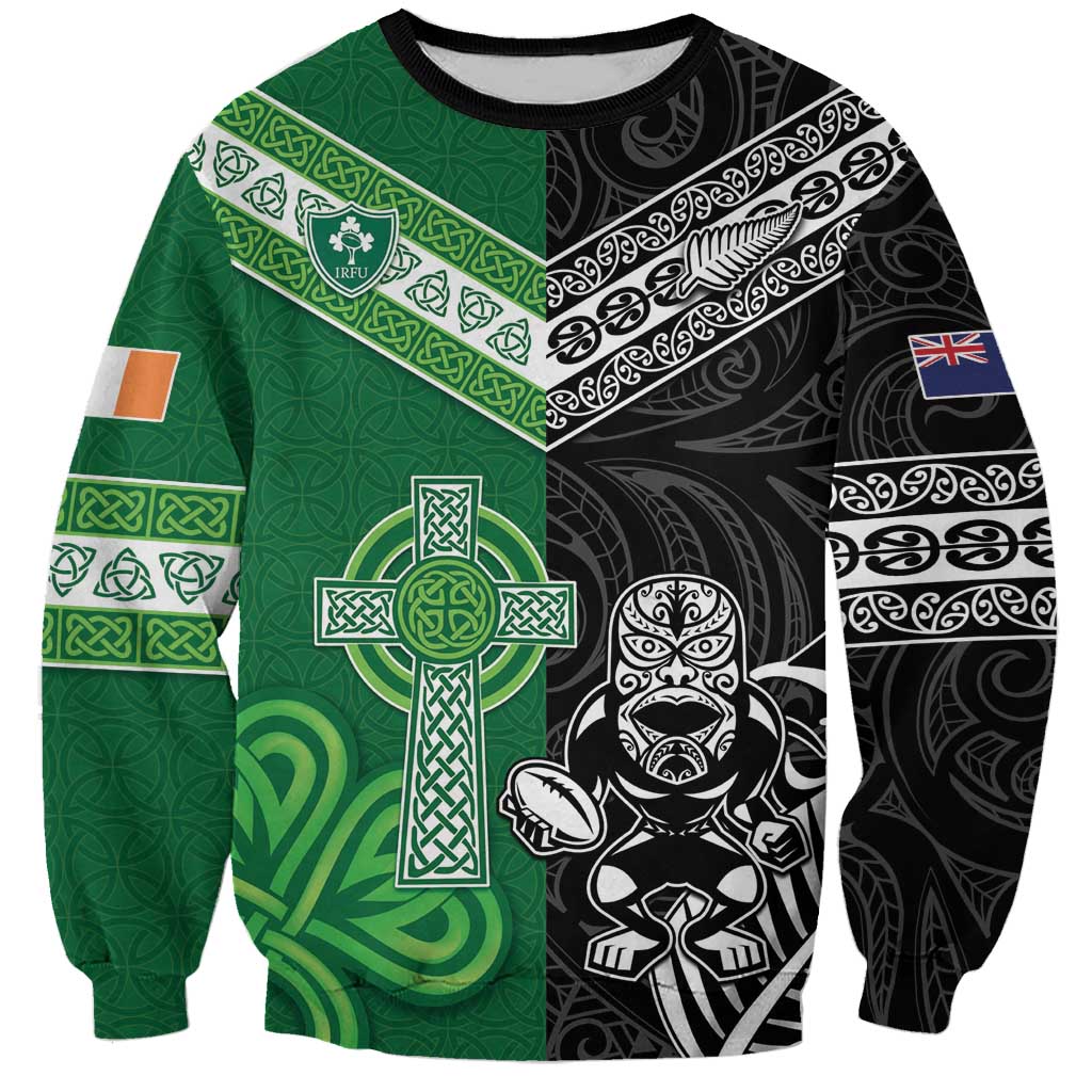 New Zealand And Ireland Rugby Custom Sweatshirt Maori Tiki With Shamrock