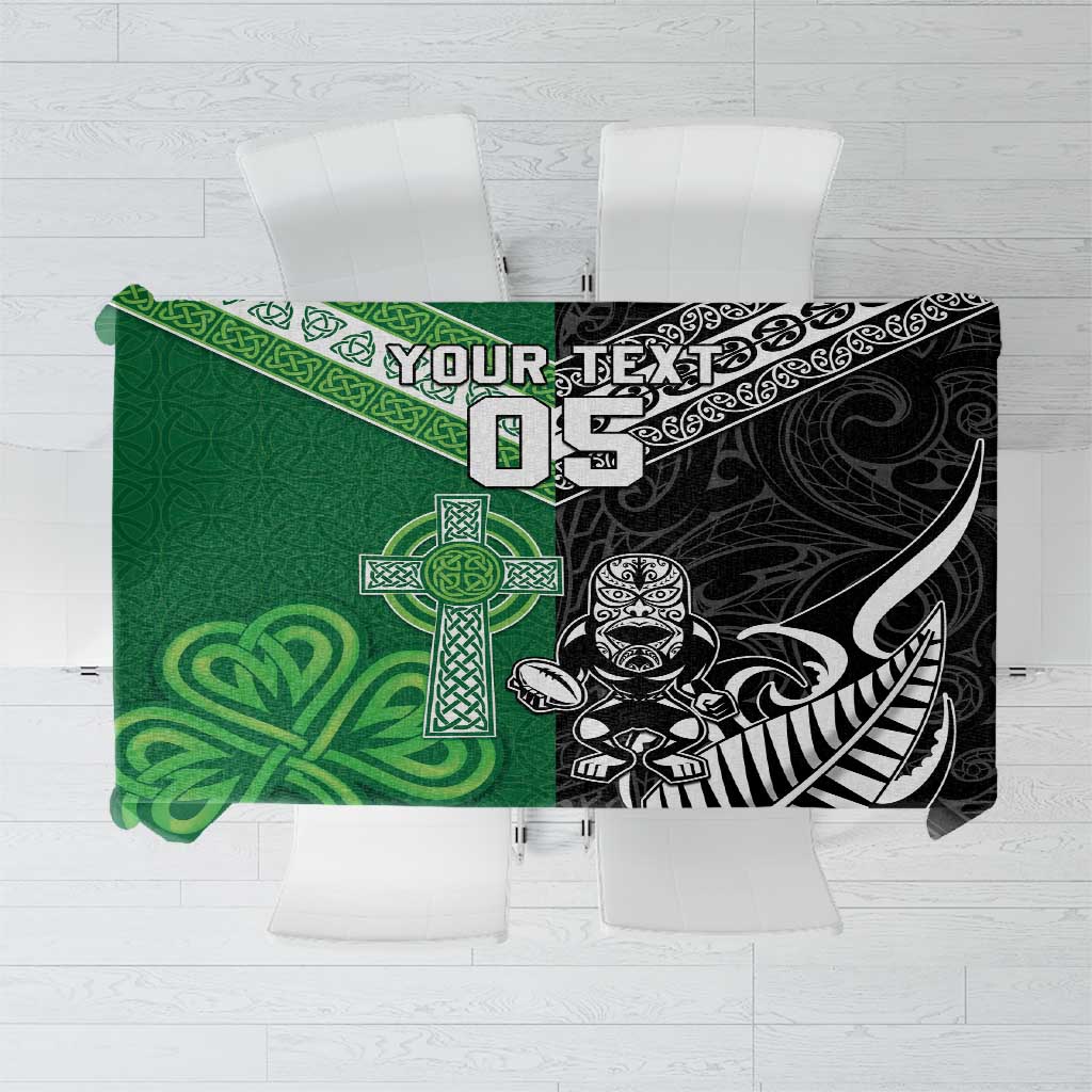New Zealand And Ireland Rugby Custom Tablecloth Maori Tiki With Shamrock
