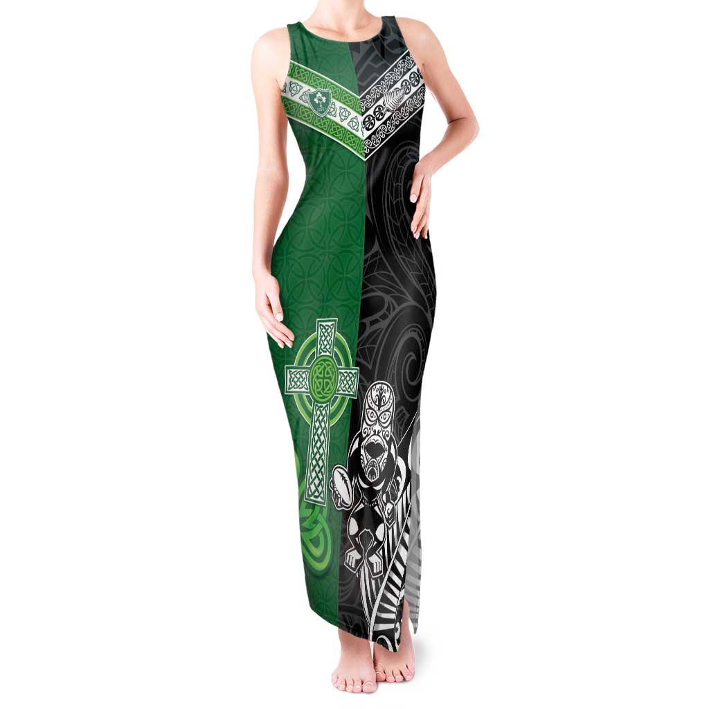 New Zealand And Ireland Rugby Custom Tank Maxi Dress Maori Tiki With Shamrock LT05 Women Black - Polynesian Pride