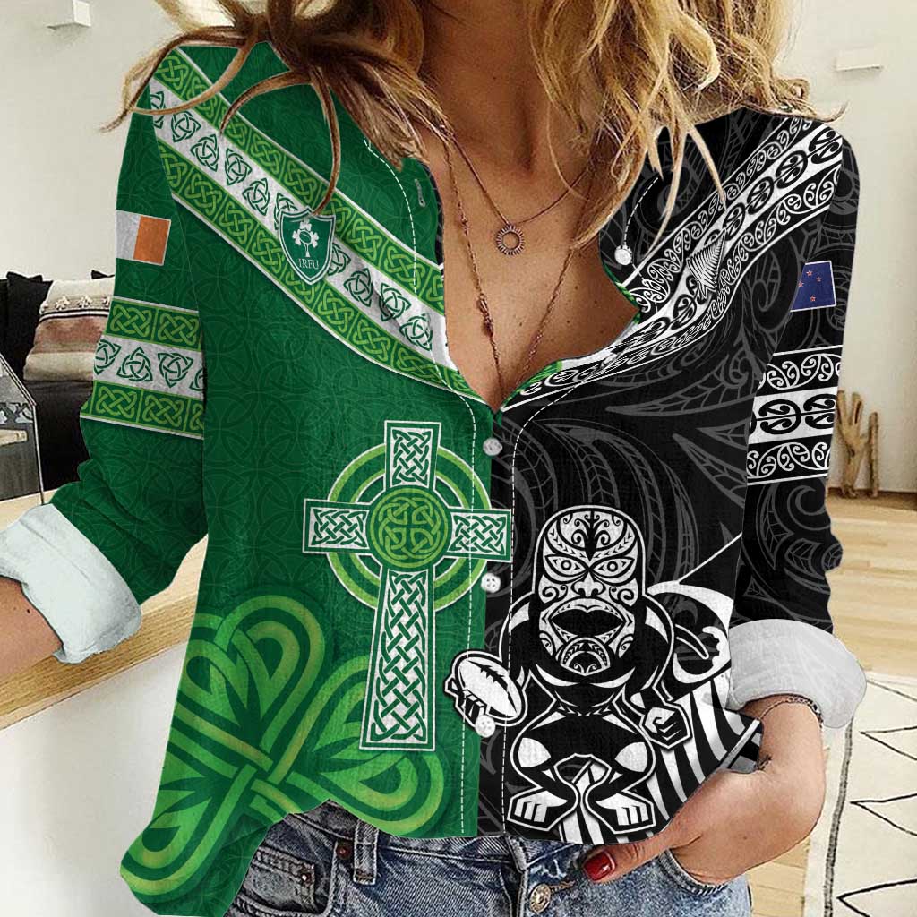 New Zealand And Ireland Rugby Custom Women Casual Shirt Maori Tiki With Shamrock LT05 Female Black - Polynesian Pride