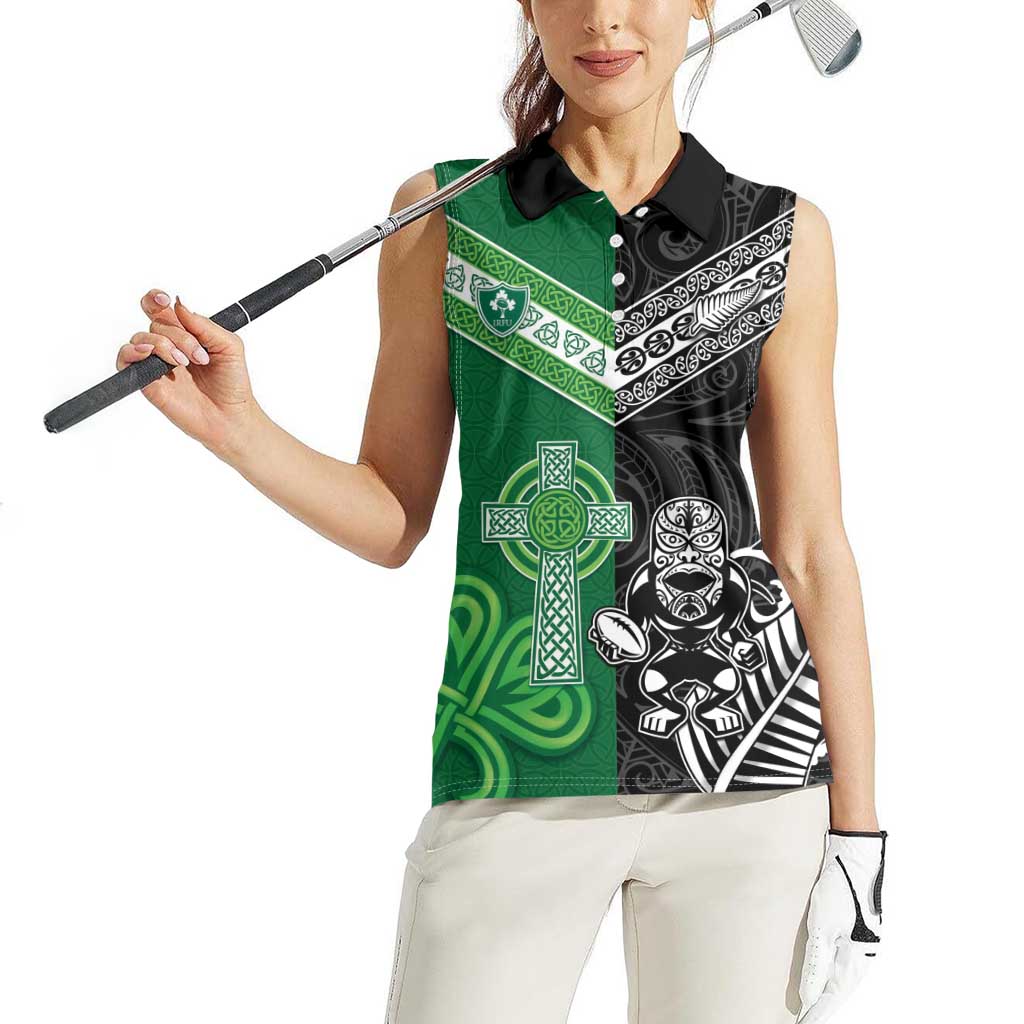 New Zealand And Ireland Rugby Custom Women Sleeveless Polo Shirt Maori Tiki With Shamrock