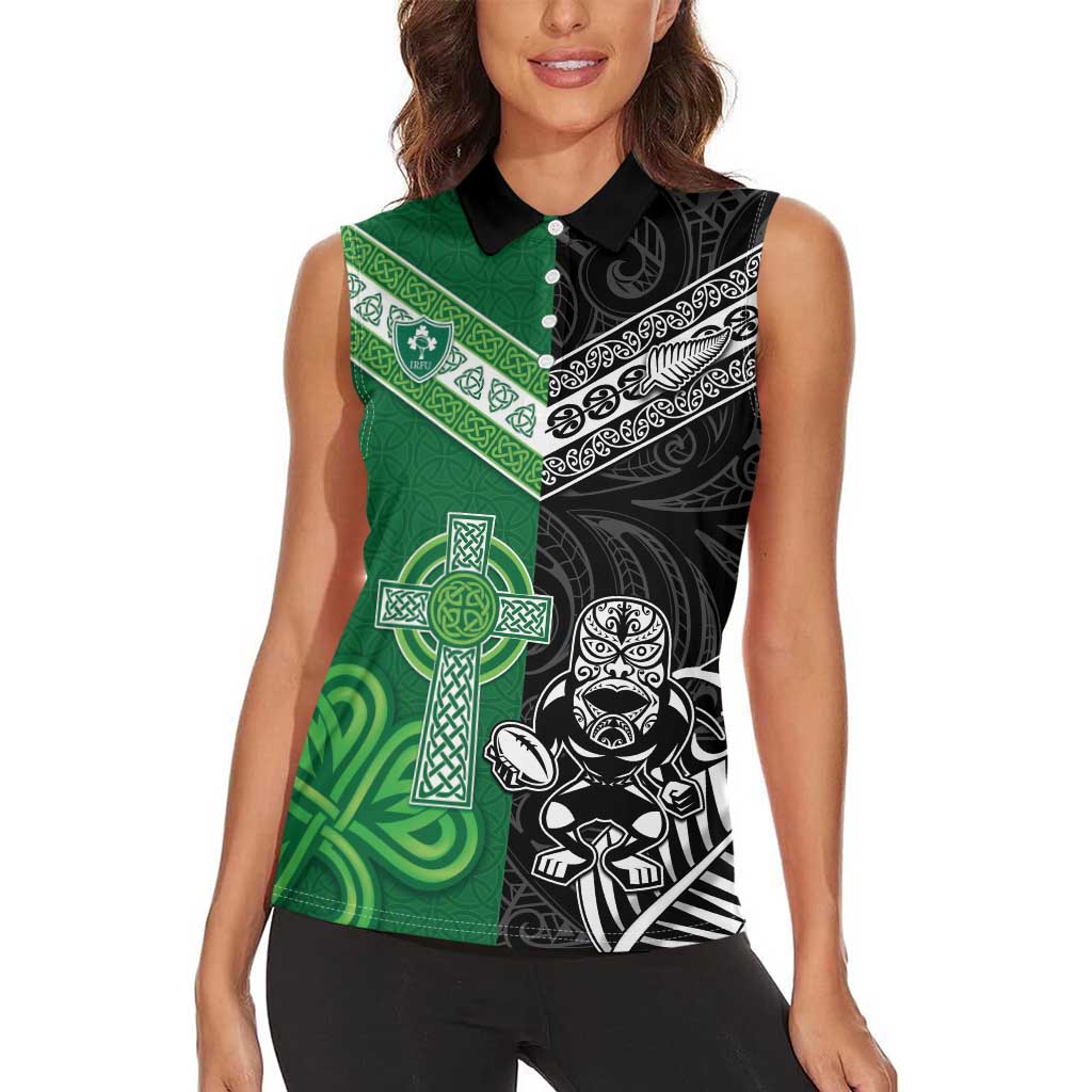 New Zealand And Ireland Rugby Custom Women Sleeveless Polo Shirt Maori Tiki With Shamrock