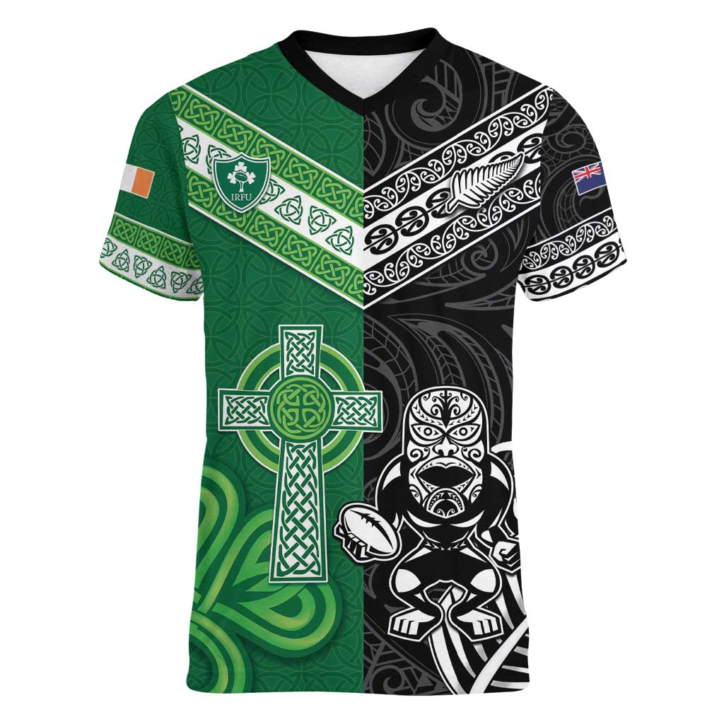 New Zealand And Ireland Rugby Custom Women V-Neck T-Shirt Maori Tiki With Shamrock