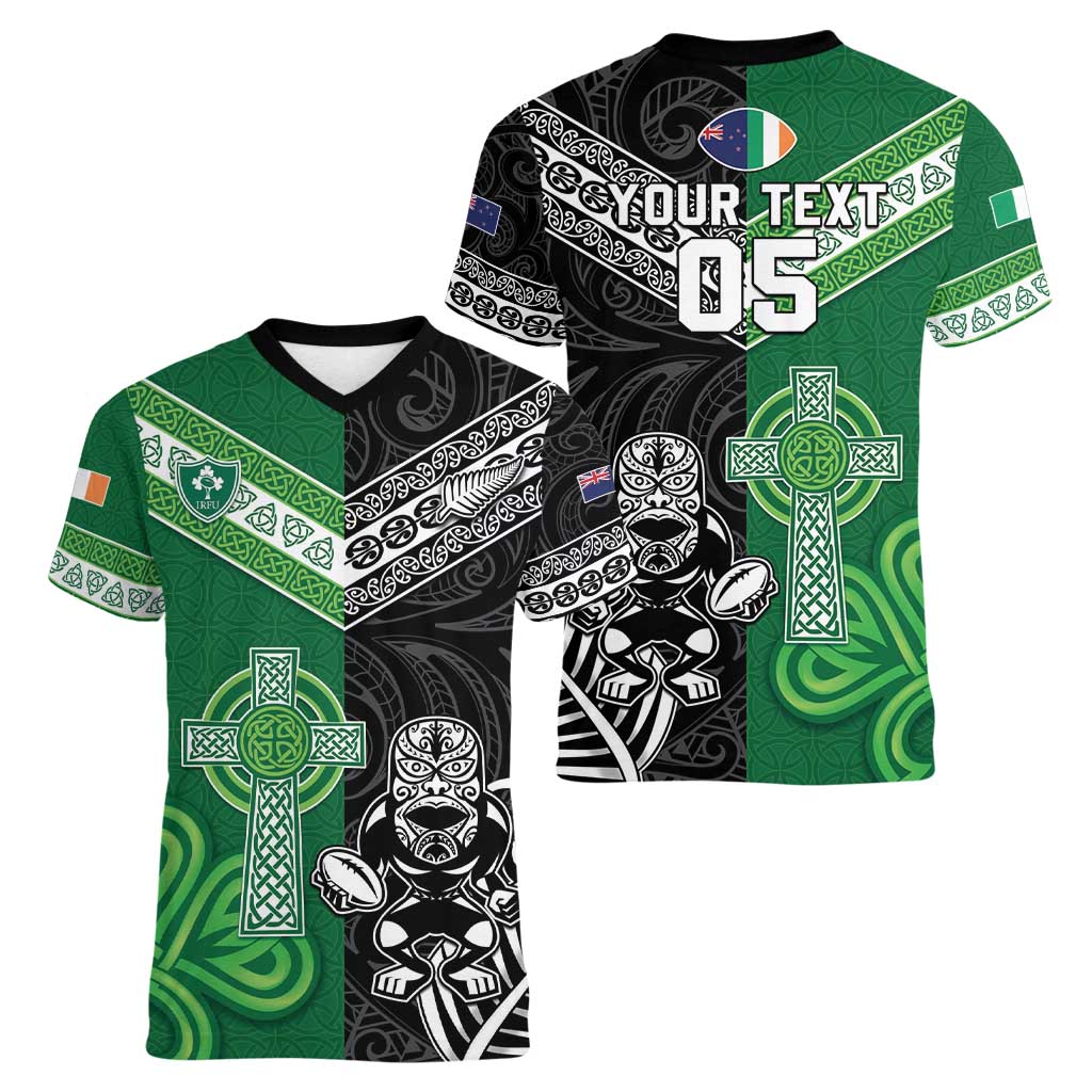 New Zealand And Ireland Rugby Custom Women V-Neck T-Shirt Maori Tiki With Shamrock LT05 - Polynesian Pride