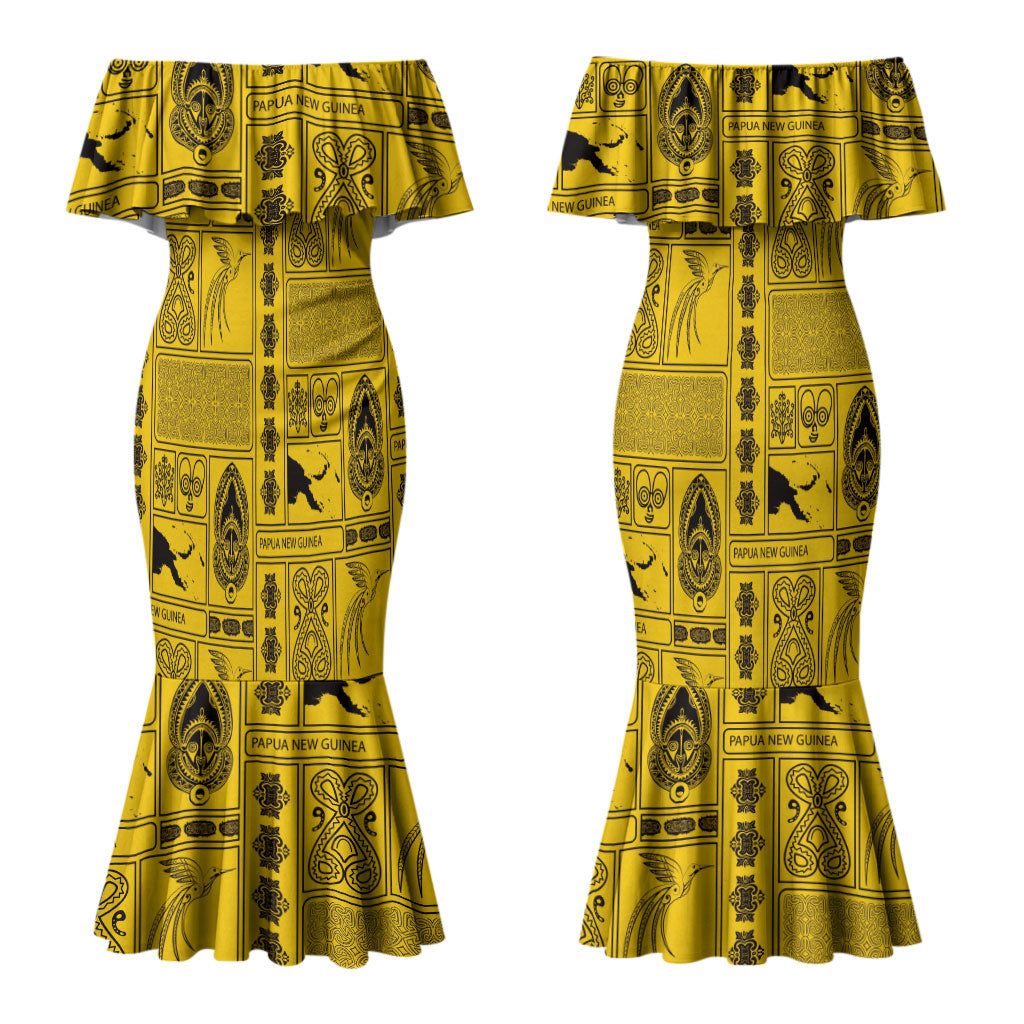 Papua New Guinea Heritage Motif Couples Matching Mermaid Dress and Hawaiian Shirt Yellow Version LT05 - Polynesian Pride