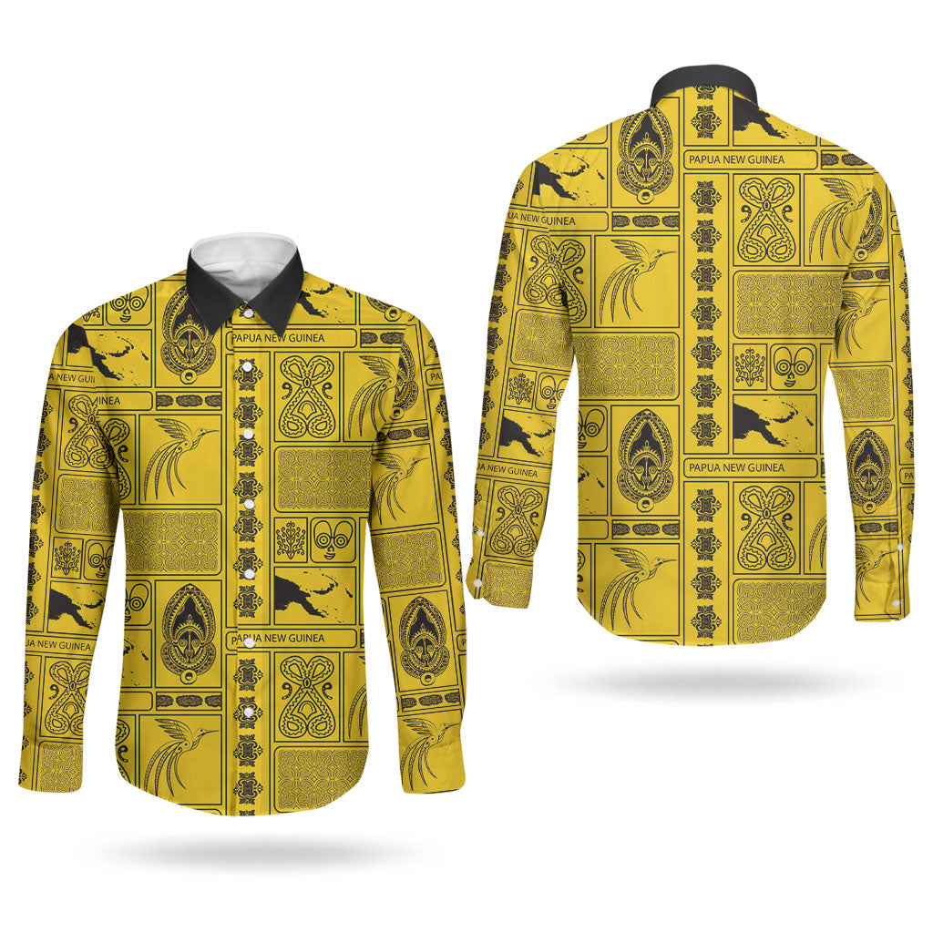 Papua New Guinea Heritage Motif Couples Matching Puletasi and Long Sleeve Button Shirt Yellow Version LT05 - Polynesian Pride