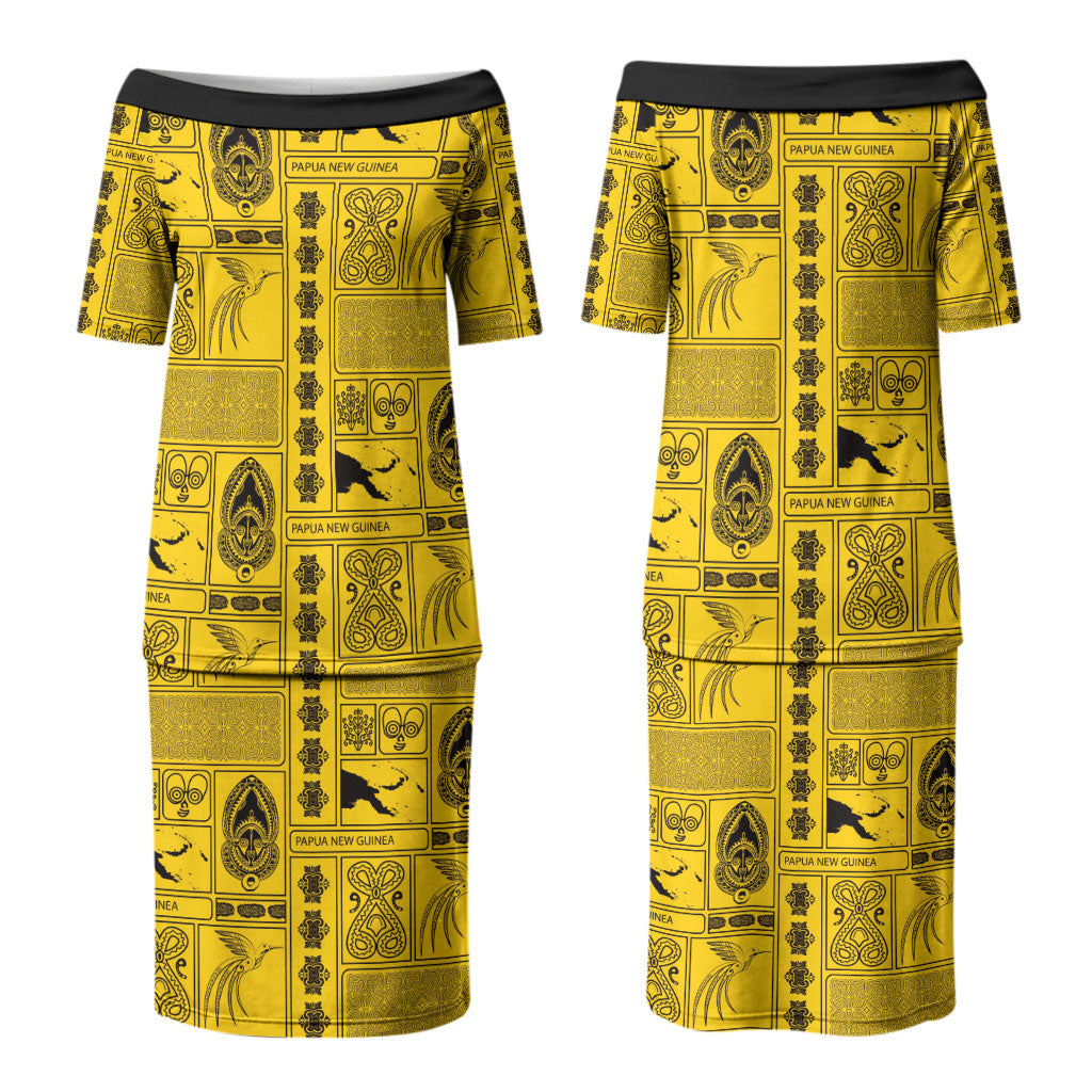 Papua New Guinea Heritage Motif Couples Matching Puletasi and Long Sleeve Button Shirt Yellow Version LT05 - Polynesian Pride