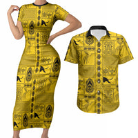 Papua New Guinea Heritage Motif Couples Matching Short Sleeve Bodycon Dress and Hawaiian Shirt Yellow Version LT05 Yellow - Polynesian Pride