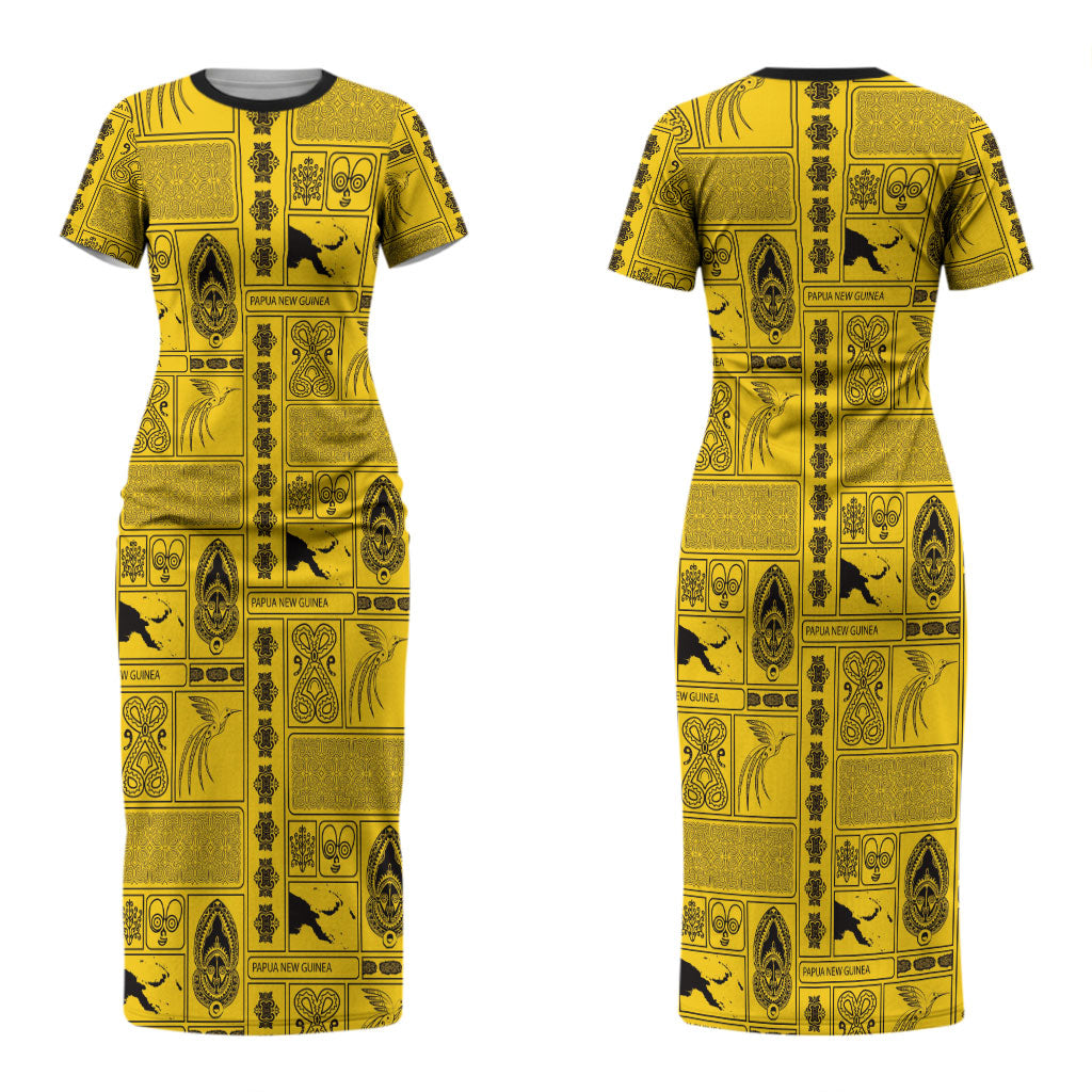 Papua New Guinea Heritage Motif Couples Matching Short Sleeve Bodycon Dress and Hawaiian Shirt Yellow Version LT05 - Polynesian Pride