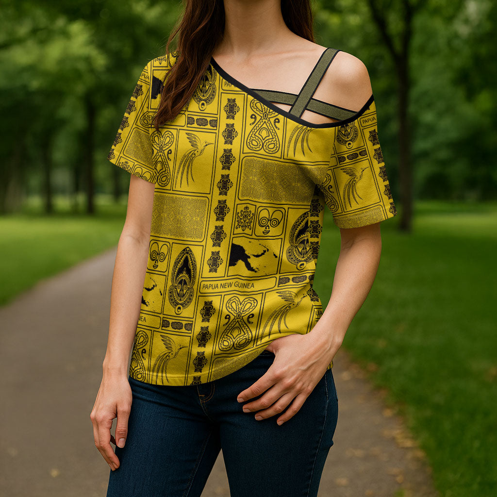 Papua New Guinea Heritage Motif Cross Shoulder Shirt Yellow Version LT05 - Polynesian Pride