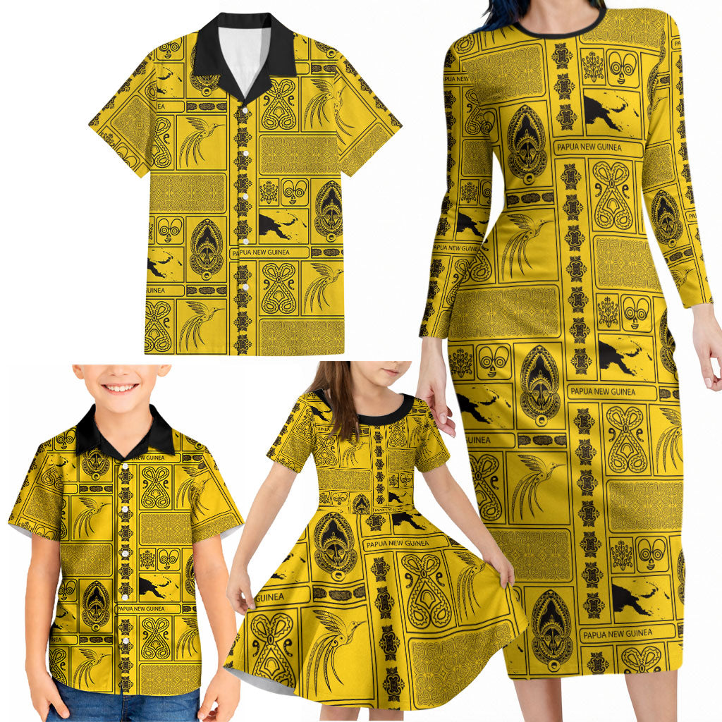 Papua New Guinea Heritage Motif Family Matching Long Sleeve Bodycon Dress and Hawaiian Shirt Yellow Version LT05 - Polynesian Pride