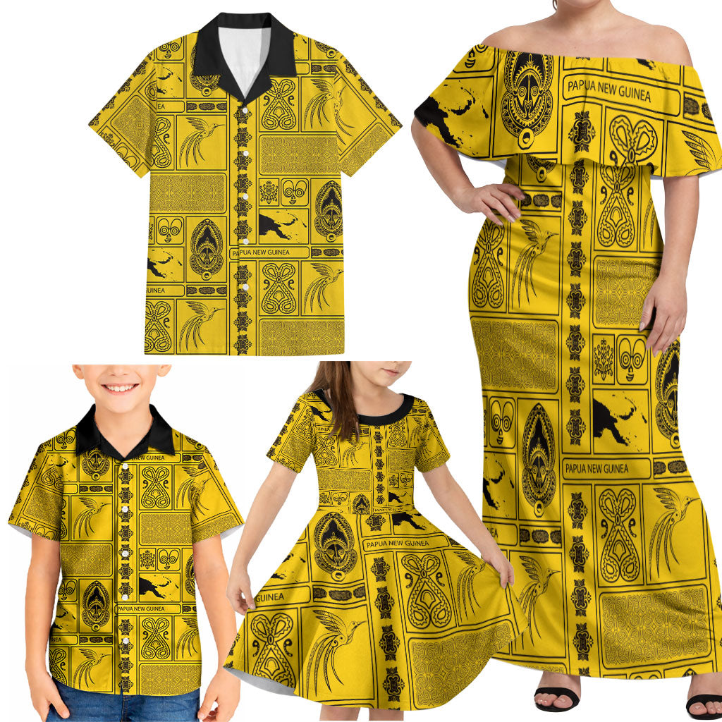 Papua New Guinea Heritage Motif Family Matching Off Shoulder Maxi Dress and Hawaiian Shirt Yellow Version LT05 - Polynesian Pride