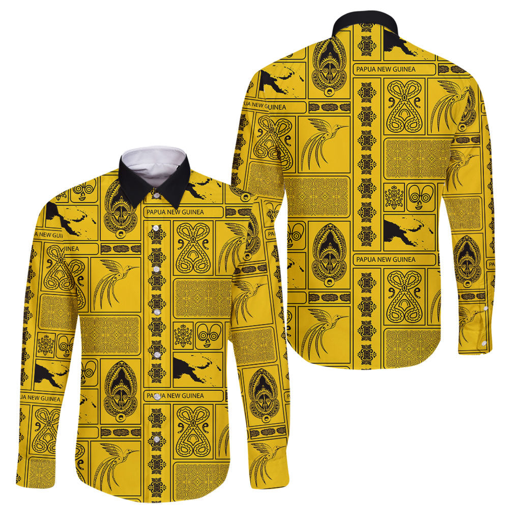 Papua New Guinea Heritage Motif Family Matching Puletasi and Hawaiian Shirt Yellow Version LT05 Dad's Shirt - Long Sleeve Yellow - Polynesian Pride