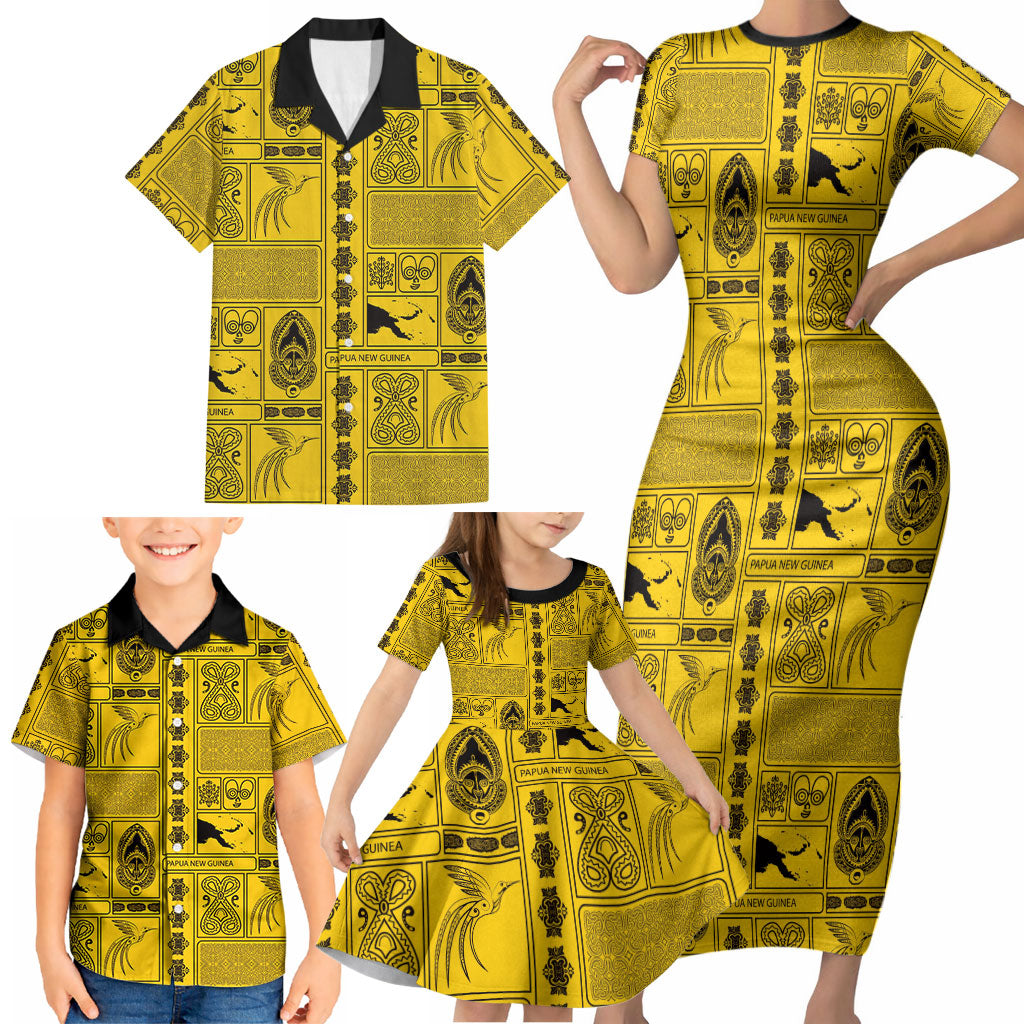 Papua New Guinea Heritage Motif Family Matching Short Sleeve Bodycon Dress and Hawaiian Shirt Yellow Version LT05 - Polynesian Pride