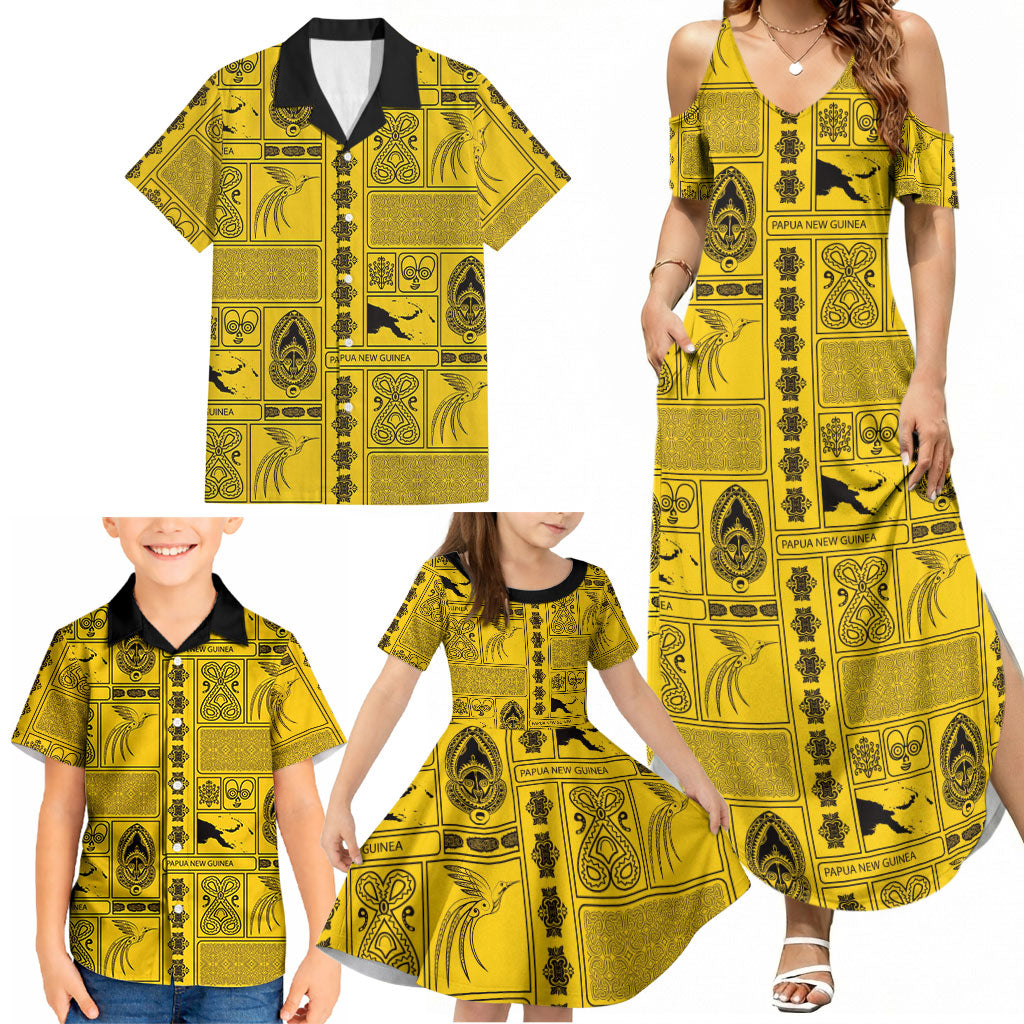 Papua New Guinea Heritage Motif Family Matching Summer Maxi Dress and Hawaiian Shirt Yellow Version LT05 - Polynesian Pride
