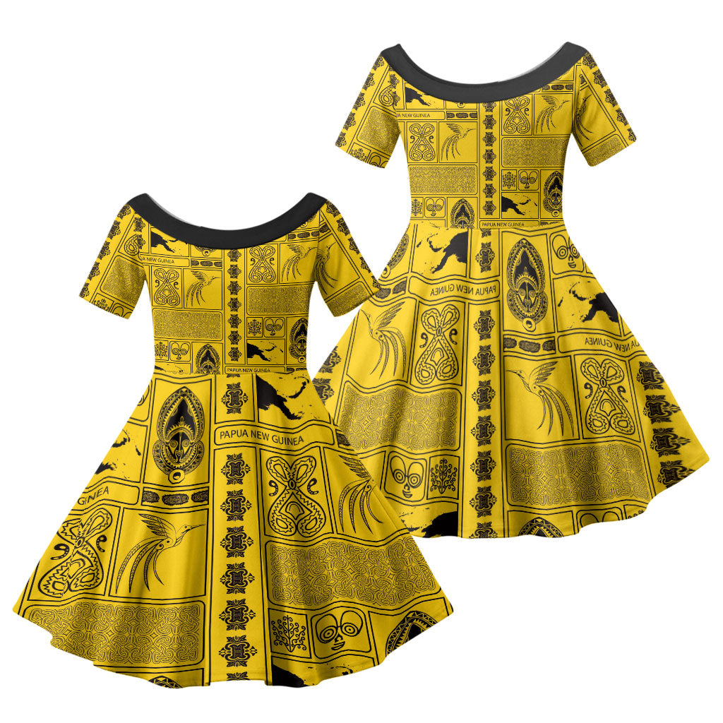 Papua New Guinea Heritage Motif Family Matching Summer Maxi Dress and Hawaiian Shirt Yellow Version LT05 Daughter's Dress Yellow - Polynesian Pride