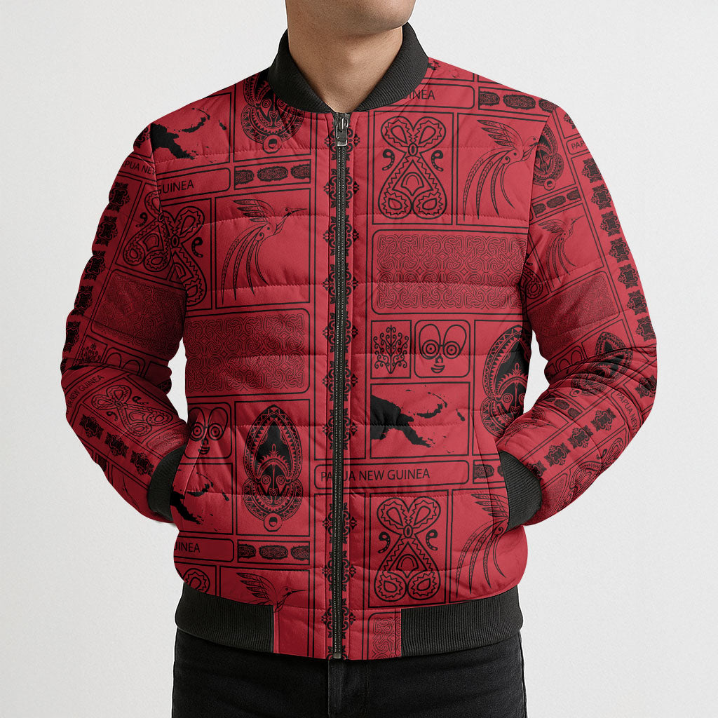 Papua New Guinea Heritage Motif Bomber Puffer Jacket Red Version LT05 - Polynesian Pride